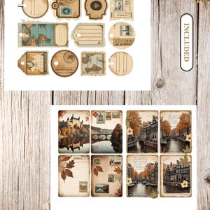 May include: A collection of vintage-style paper ephemera, including tags, labels, and postcards. The top section features various shapes with stamps and map designs. The bottom section showcases postcards with scenic views and autumn foliage.