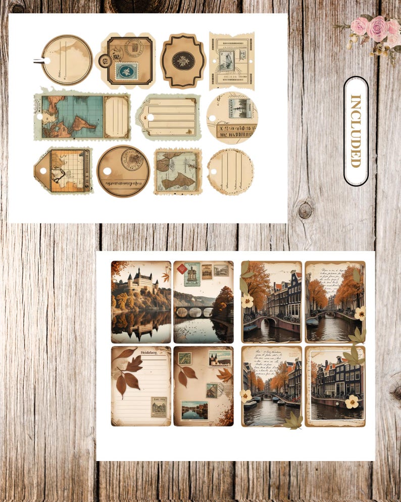 May include: A collection of vintage-style paper ephemera, including tags, labels, and postcards. The top section features various shapes with stamps and map designs. The bottom section showcases postcards with scenic views and autumn foliage.