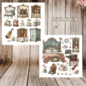 May include: A set of vintage-style illustrations featuring a four-poster bed, a vanity, a bookshelf, a music stand, a violin, a camera, a teacup, and a teapot. The illustrations are in a watercolor style and have a romantic, whimsical feel.