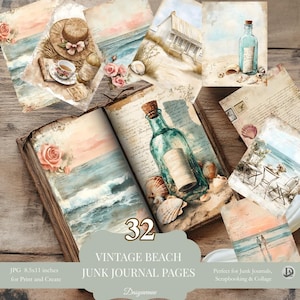 Vintage Beach Junk-dagboekset – kortstondige boodschap in een fles, collagevellen kust, papieren pak aan zee, esthetische scrapbookafdrukken