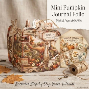 Pode incluir: Um diário em forma de abóbora com ilustrações de temática outonal, incluindo um envelope a condizer, pequenos cartões e um rolo de fio. O diário apresenta o texto 'Pumpkin Journal' e 'Pumpkin Harvest' com imagens botânicas.