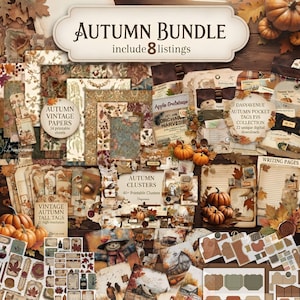 Könnte beinhalten: Ein herbstliches digitales Download-Set mit 8 Angeboten, darunter Vintage-Papiere, Taschenanhänger und druckbare Cluster. Die Sammlung zeigt verschiedene herbstliche Grafiken, linierte Schreibseiten und dekorative Elemente in Brauntönen.