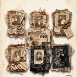 May include: Antique Paper Snippets 60 Layered Ephemera Clusters Printable Junk Journal Elements. Six clusters of layered fabric, lace, vintage black and white portraits, metal keys, buttons, safety pins, and handwritten tags on a cream background.