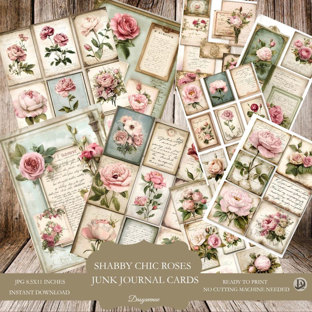Vintage Rose Journal Cards, Printable Floral Ephemera, Shabby Chic Junk ...