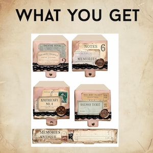 May include: Four square paper envelopes and one rectangular paper strip featuring the text WHAT YOU GET. Each envelope is decorated with vintage-style labels, black lace trim, and wax seals. The labels include text like THEATRE ROYAL, NOTES, MEMORIES, APOTHECARY NO. 4, and RAILWAY TICKET.