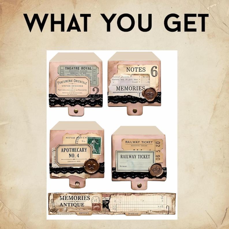 May include: Four square paper envelopes and one rectangular paper strip featuring the text WHAT YOU GET. Each envelope is decorated with vintage-style labels, black lace trim, and wax seals. The labels include text like THEATRE ROYAL, NOTES, MEMORIES, APOTHECARY NO. 4, and RAILWAY TICKET.