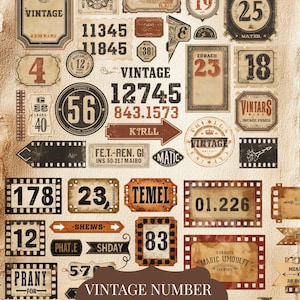Vintage Number Tags & Labels | Printable Ephemera, Junk Journal Numbers, Scrapbooking Embellishments, Grunge Digital Clipart