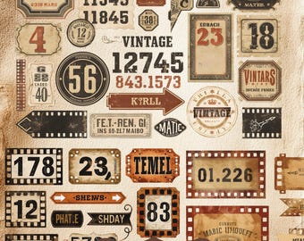 Etiquetas y rótulos con números vintage / Efímeras imprimibles, números para diarios basura, adornos para scrapbooking, imágenes prediseñadas digitales grunge
