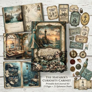 May include: A vintage-style junk journal kit with a nautical theme. The kit includes a journal, ephemera sheets, and decorative elements like tags, compasses, and a lighthouse illustration. The text on the cover reads "The Seafarer's Curiosity Cabinet."