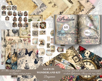 Alice in Wonderland Junk Journal Kit, Digital Download, for your DYI, Scrapbook pages, Junk Journal Kit, Junk Journal Folio