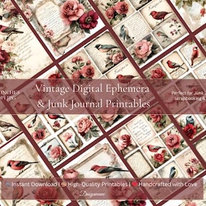 Páginas de diário de lixo de pássaros e rosas vintage – itens efêmeros para impressão, folhas de colagem floral, papel antigo, download digital de álbum de recortes, chique gasto