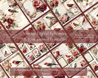 Vintage Bird and Rose Junk Journal Pages – Printable Ephemera, Floral Collage Sheets, Antique Paper, Scrapbook Digital Download, Shabby Chic