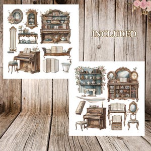 May include: A set of vintage-style illustrations featuring various antique furniture pieces, including a piano, a bookshelf, a vanity, and a sewing machine. The illustrations are done in a watercolor style and feature delicate floral details.