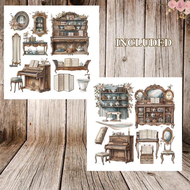 May include: A set of vintage-style illustrations featuring various antique furniture pieces, including a piano, a bookshelf, a vanity, and a sewing machine. The illustrations are done in a watercolor style and feature delicate floral details.