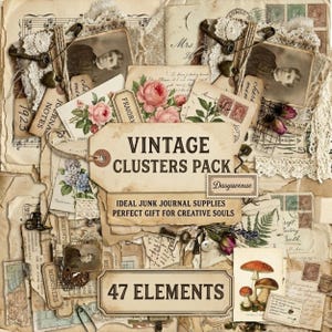 May include: A collection of vintage-style paper ephemera including sepia-toned photographs, floral illustrations, lace trim, metal keys, and safety pins. The central tag reads VINTAGE CLUSTERS PACK, with additional text stating 47 ELEMENTS.