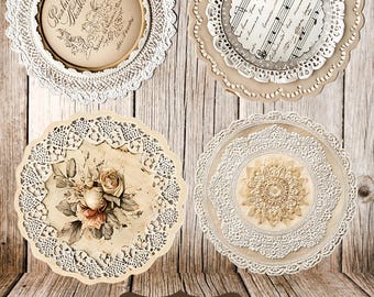 Paquete de imágenes prediseñadas de tapetes vintage / Efímeras de encaje, círculos de papel antiguos, adornos para diarios basura, imprimibles para álbumes de recortes, descarga digital