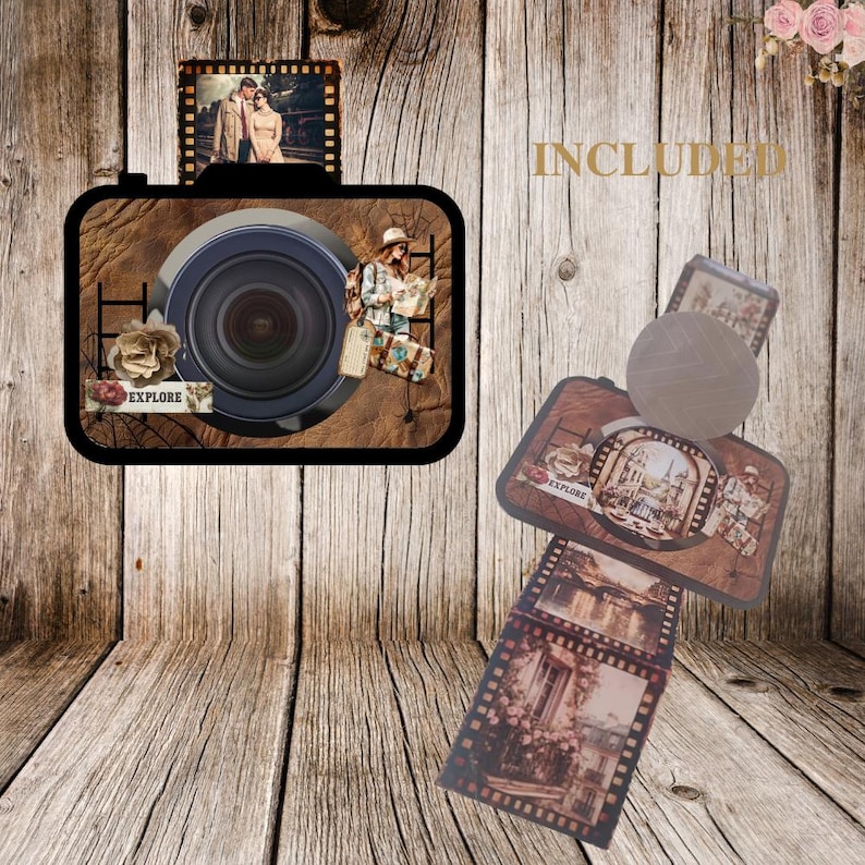 May include: A camera-shaped photo frame with a wood-effect finish, incorporating a lens and travel-themed images. Includes film strip and luggage-shaped photo holders. The word "EXPLORE" is visible on a label.