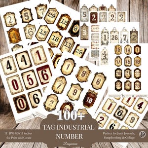 100+ Industrial Number Tags Printable, Vintage Junk Journal Ephemera, Numbered Labels Clipart, Scrapbooking Collage Kit