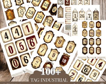 100+ industriële nummertags afdrukbaar, vintage junk Journal kortstondige, genummerde labels clipart, scrapbooking collage kit