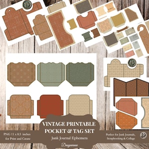 May include: A collection of vintage printable pocket and tag set designs in various shades of brown, green, and beige. The set includes pockets, tags, and decorative elements, perfect for junk journals, scrapbooking, and collage projects. The image includes the text "Vintage Printable Pocket & Tag Set".