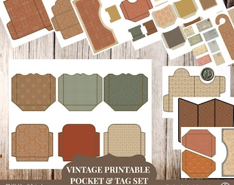 Printable Pocket & Tag Set | 17 Junk Journal Pages with Foldable Elements, Ephemera Templates,  Foldable Templates