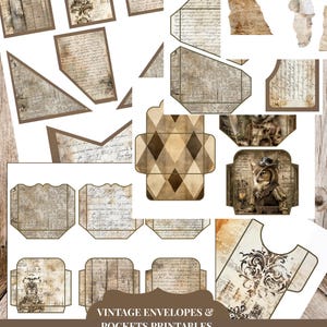 May include: A collection of vintage printable envelopes and pockets in various shapes and sizes. The designs feature aged paper textures, handwritten script, and decorative elements. The image includes the text "VINTAGE ENVELOPES & POCKETS PRINTABLES" and dimensions of 11 x 8.5 inches.