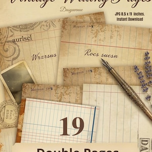 May include: A collection of vintage writing pages with a sepia tone. The image features aged paper sheets, a fountain pen, and lavender sprigs. Text includes "Vintage Writing Pages," "19 Double Pages," and "JPG 8.5 x 11 inches. Instant Download."