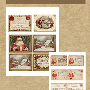 May include: A collection of vintage-style Christmas-themed printable sheets featuring Santa Claus, snowy winter landscapes, and decorative frames. The text includes "WHAT YOU GET," "Letter to Santa North Pole," and "Merry Christmas" alongside various letters.