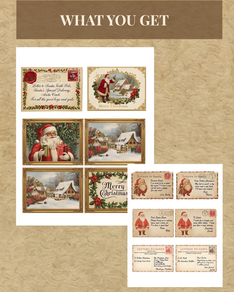 May include: A collection of vintage-style Christmas-themed printable sheets featuring Santa Claus, snowy winter landscapes, and decorative frames. The text includes "WHAT YOU GET," "Letter to Santa North Pole," and "Merry Christmas" alongside various letters.