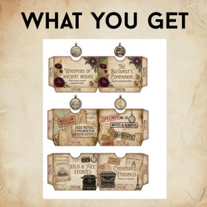 May include: A printable sheet featuring six rectangular paper craft templates with fold tabs. The designs include vintage-style graphics like dark purple flowers, a 1920 Royal typewriter, maps, stamps, and text such as Whispers of Ancient Woods.