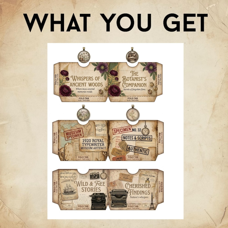May include: A printable sheet featuring six rectangular paper craft templates with fold tabs. The designs include vintage-style graphics like dark purple flowers, a 1920 Royal typewriter, maps, stamps, and text such as Whispers of Ancient Woods.