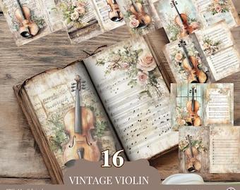 May include: 16 vintage violin junk journal pages featuring a floral design and music sheet background. The pages are ideal for scrapbooking, collage, and junk journaling.