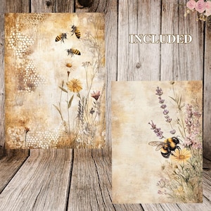 K&ouml;nnte beinhalten: Zwei digitale Papierhintergr&uuml;nde mit Vintage-Blumenmustern und Bienen. Der erste Hintergrund hat ein Wabenmuster und Bienen, die um Wildblumen fliegen. Der zweite Hintergrund hat eine Biene auf einer Lavendelbl&uuml;te mit anderen Wildblumen.