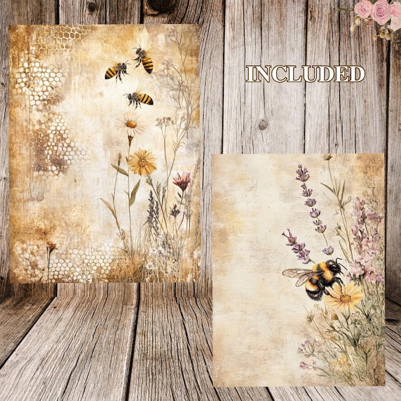 K&ouml;nnte beinhalten: Zwei digitale Papierhintergr&uuml;nde mit Vintage-Blumenmustern und Bienen. Der erste Hintergrund hat ein Wabenmuster und Bienen, die um Wildblumen fliegen. Der zweite Hintergrund hat eine Biene auf einer Lavendelbl&uuml;te mit anderen Wildblumen.