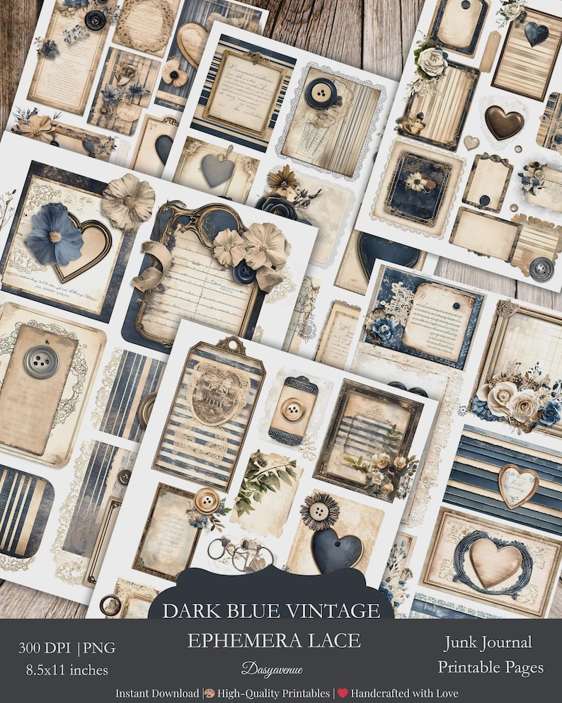 Indigo Blue Junk Journal Bundle, Vintage Ephemera Papers, Pockets Tags ...