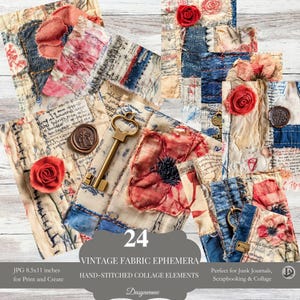 Ephemera de tecido vintage, colagem costurada à mão, páginas de diário de sucata têxtil para impressão, scrapbooking chique e surrado, arte em mídia mista