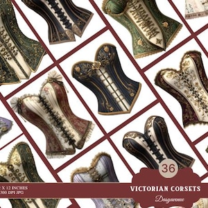 May include: A set of 36 digital images of Victorian-style corsets in various colors and designs. The images are 12 x 12 inches and 300 DPI. The text "Victorian Corsets" and "Dassyavenue" is included in the image.