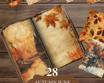 Autumn Junk Journal Pages | Vintage Fall Backgrounds, Pumpkin & Leaf Printable Papers for Scrapbooking, Card Making , DIY Journals