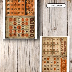 Puede incluir: Cuatro tarjetas de bingo rectangulares con tem&aacute;tica de Halloween, con fondos naranjas y beige, cuadr&iacute;culas con n&uacute;meros e ilustraciones de fantasmas, calabazas y ara&ntilde;as. El texto incluye Haunted Bingo Card, Bingo y Hallowe'en Bingo Cards.