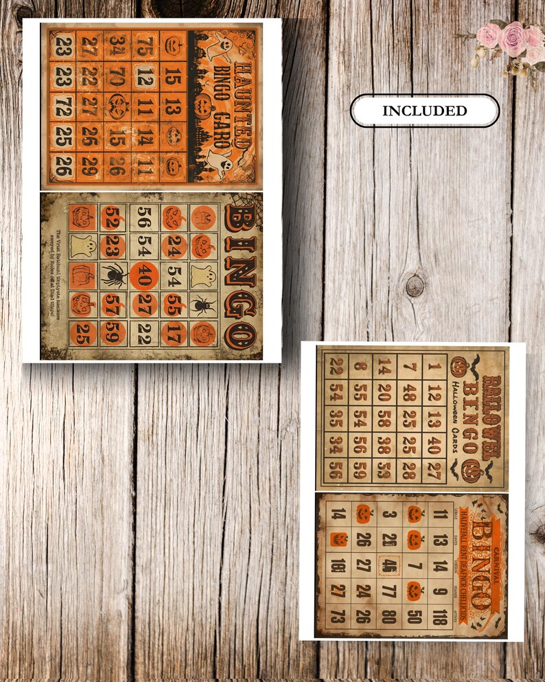 Puede incluir: Cuatro tarjetas de bingo rectangulares con tem&aacute;tica de Halloween, con fondos naranjas y beige, cuadr&iacute;culas con n&uacute;meros e ilustraciones de fantasmas, calabazas y ara&ntilde;as. El texto incluye Haunted Bingo Card, Bingo y Hallowe'en Bingo Cards.