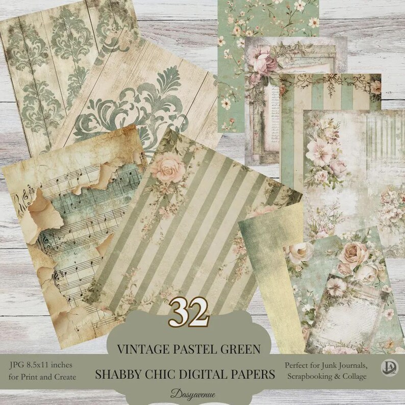 Green Shabby Chic Junk Journal Bundle, Vintage Ephemera Papers, Tags ...