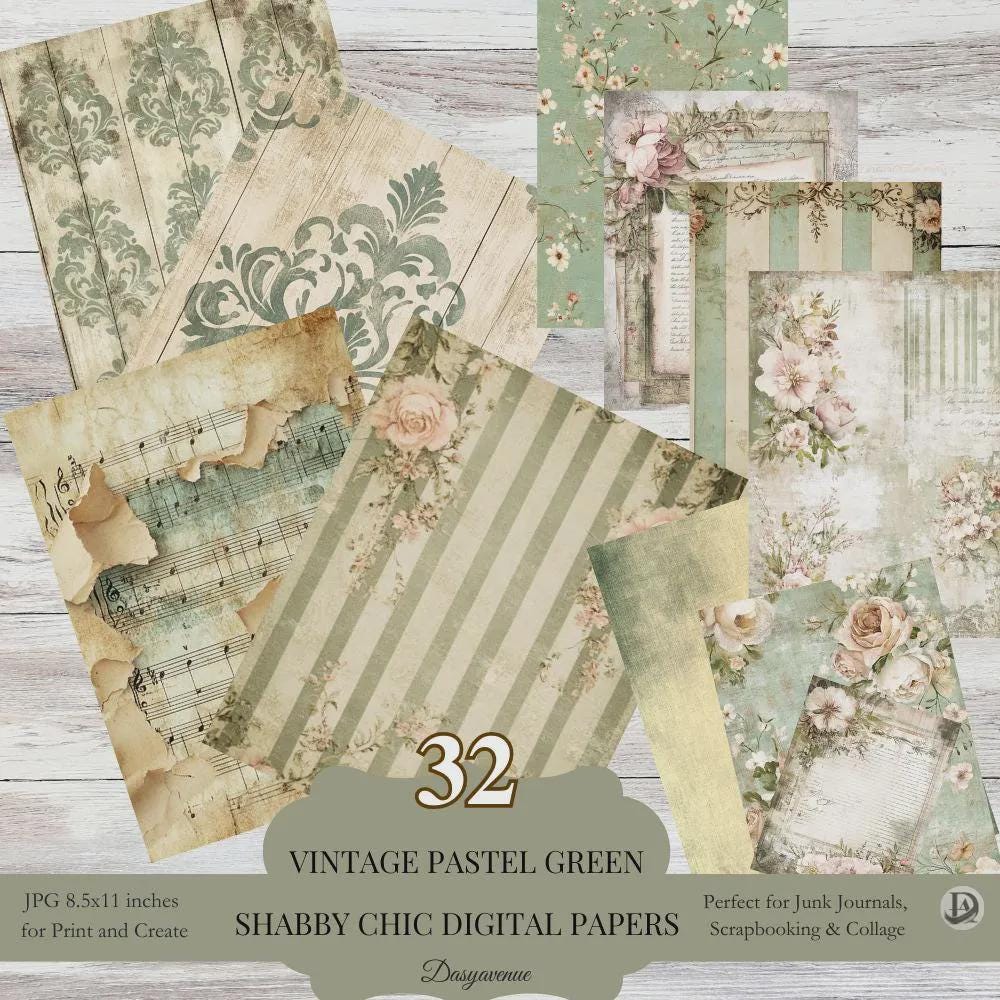 Green Shabby Chic Junk Journal Bundle, Vintage Ephemera Papers, Tags ...
