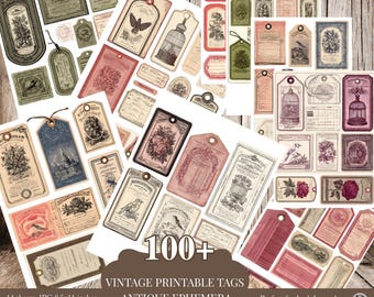 Más de 100 etiquetas vintage imprimibles para efímeros: etiquetas antiguas para diarios creativos, etiquetas grunge para scrapbooking, collage y manualidades de técnica mixta.