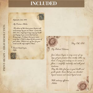May include: Two antique-style letters with handwritten text, stamps, and floral accents. The letters are aged with a vintage aesthetic, featuring the words "INCLUDED" and "PRINT-READY - HIGH RESOLUTION".