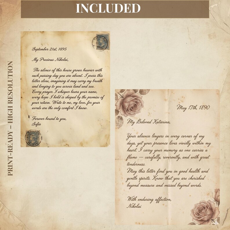 May include: Two antique-style letters with handwritten text, stamps, and floral accents. The letters are aged with a vintage aesthetic, featuring the words "INCLUDED" and "PRINT-READY - HIGH RESOLUTION".