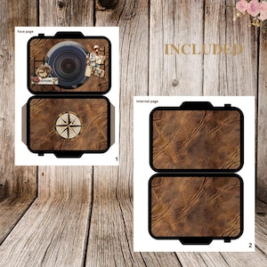 May include: A travel-themed paper craft kit with a camera design, lens, and a traveler illustration. The kit includes a compass and a textured brown leather-like pattern. The word "EXPLORE" is visible.