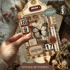 Puede incluir: Imprimible de grupo de mariposas vintage con pestañas, etiquetas y tarjetas efímeras. El diseño presenta una mariposa, números y elementos de texto. El imprimible mide 21,59 x 27,94 cm.