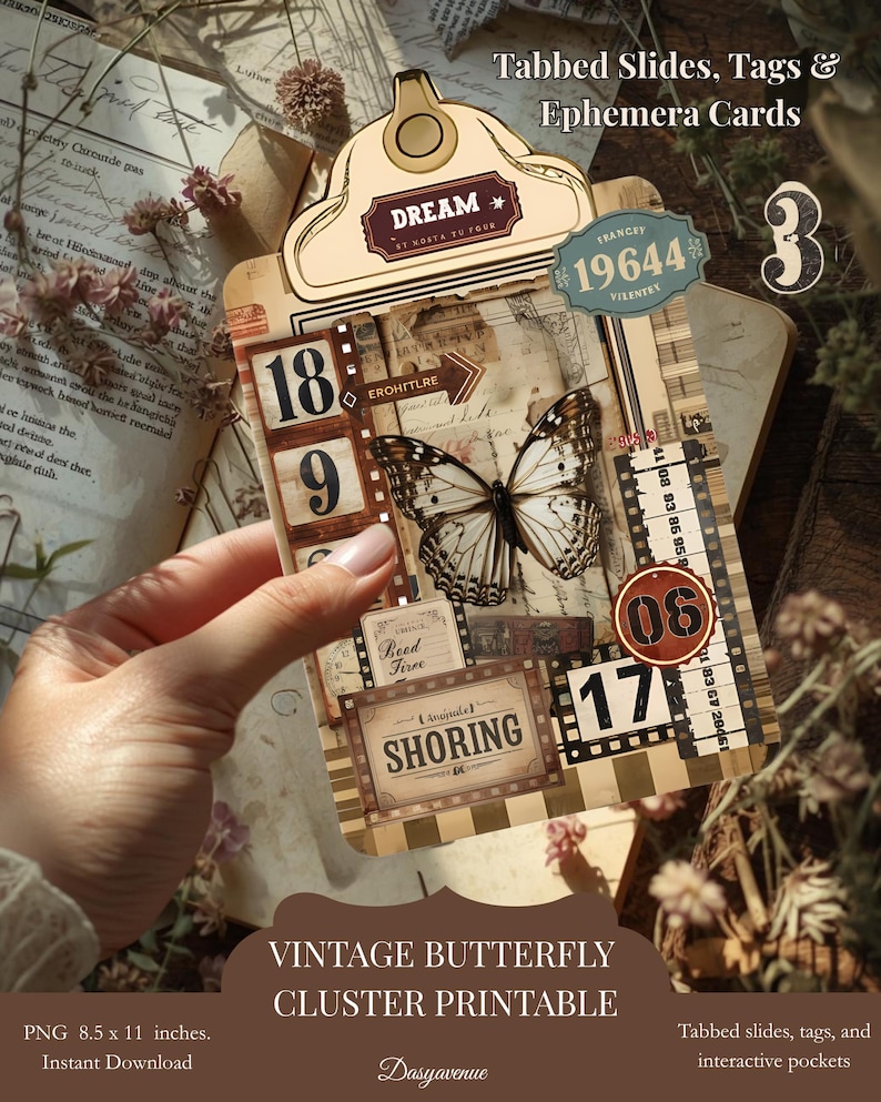 Puede incluir: Imprimible de grupo de mariposas vintage con pesta&ntilde;as, etiquetas y tarjetas ef&iacute;meras. El dise&ntilde;o presenta una mariposa, n&uacute;meros y elementos de texto. El imprimible mide 21,59 x 27,94 cm.