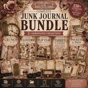 Dusty Rose Junk Journal Bundle, Grunge Printable Kit, Vintage Ephemera, Clusters, Flip Flap Pockets, Tags, Journal Pages