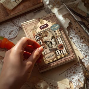 Puede incluir: Un diario de estilo vintage con una etiqueta decorativa con mariposas, elementos de pel&iacute;cula y las palabras "DREAM" y "SHORING". El diario es marr&oacute;n con una cubierta estampada.